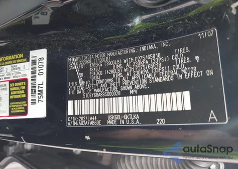 2008 Toyota Sequoia Limited 5.7L V8 из США, поврежденный, VIN 5TDZY68A88S000028